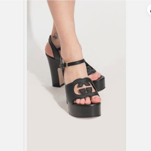 Gucci Interlocking G Platform High Heel Sandal Black Leather Cosmo Softy EU39 .5 - Picture 1 of 12